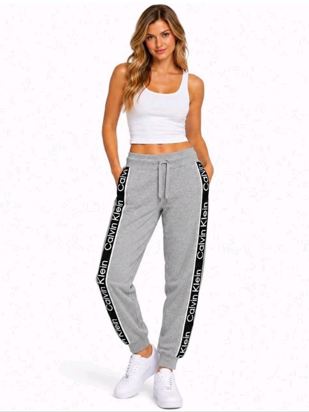 Calvin Klein Womens Large Gray Joggers Sweatpants Logo Tape Side Stripe Athletic